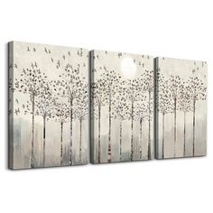 three canvases with trees and birds in the sky, each painted on a white background