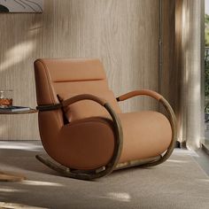 a modern rocking chair sits in front of a glass table with a drink on it