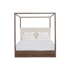 a bed with white linens and pillows on it's headboard, in front of a white background