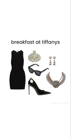 a woman in black dress and high heeled shoes with jewelry on her feet, text reads breakfast at tiffanys