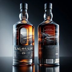 two bottles of lagavulin whiskey sitting on a black surface with the light shining through them