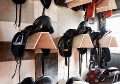 many different types of saddles are hanging on the wall