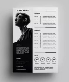 a black and white resume template with an image of a woman's face on it