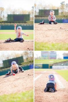 a collage of photos showing a little boy playing in the dirt on a baseball field