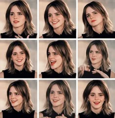 many different pictures of a woman smiling and making funny faces with her hand on her chest