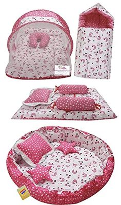 pink and white polka dot baby bedding set with matching pillow, blanket, changing pad