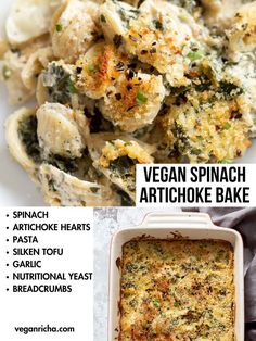 vegan spinach artichoke bake with text overlay that reads, vegan spinach artichoke bake