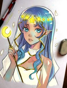 a drawing of a girl with blue hair and stars on her head holding a wand