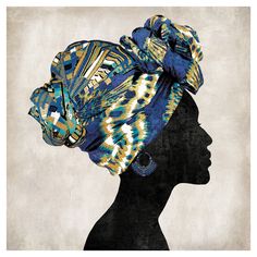 a woman's head wearing a blue, yellow and black patterned turban