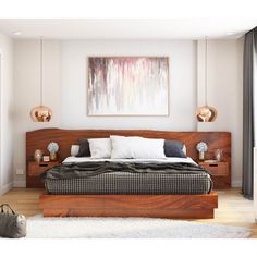 a bedroom with a bed, nightstands and painting on the wall above it's headboard