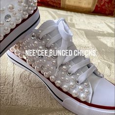 Custom Bling Chuck Sneakers Women’s Canvas Low Top Chuck Sneaker Lace-Up A Beautiful Pair Of Custom Crystal/Pearl Sneakers Will Take Your Entire Personality To The Next Level! We Specialize In Creating Personalized And Crystallized Sneakers Using The Best Elements Impress Everyone With Your Distinct Style By Wearing These One-Of-A Kind Sneakers White Pearl Chucks With Bling Crystals And Pearls Each Pair Comes With Extra Pearls And Crystals If Needed? Nwt Blingedsneakers.Com I Also Do Weddings Cu Pearl Tennis Shoes, Converse With Pearls, Chucks And Pearls 2024, Bling Sneakers, Classic Shoes Women, Converse Tennis Shoes, White Chuck Taylors, Kate Spade Keds, Pink High Tops