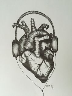 a drawing of a human heart with headphones