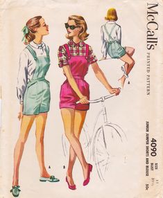 This vintage McCall's sewing pattern was designed in 1957. It makes bibbed shorts and a button front blouse. Size 11: Bust 31 1/2   ---   waist 24 1/2   ---   Hip 33 1/2. The pattern has been neatly used and is complete including instructions. The blouse sleeve piece has not been cut so all views are possible. The envelope is in good vintage condition. To see more vintage separates patterns: https://www.etsy.com/shop/studioGpatterns?section_id=6940897 To visit my shop: https://www.etsy.com/shop/studioGpatterns Vintage Clothing Pattern Illustration, Summer Outfit Sewing Patterns, Vintage Outfits Illustration, Vintage Clothing Sewing Patterns, Sewing Pattern Illustration, 50s Shirts For Women, 50s Fashion Drawing, 60s Fashion Sketches, 50s Fashion Illustration