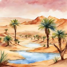 a painting of palm trees in the desert with a river running through it and mountains in the background