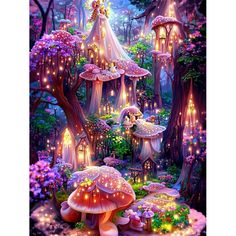 a fairy land with mushrooms and lights in the trees