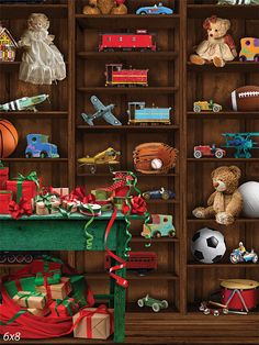 Vintage Toy Shop Photography Backdrop - Photography backdrop featuring a vintage toy shop with wooden shelves filled with classic toys and a table with wrapped gifts. Vintage Wooden Toys, Christmas Toy Factory, Christmas Toy Store, Christmas Cubicle, Cubicle Decorations, Blank Street, Christmas Cubicle Decorations, Christmas Toy Shop, Toy Workshop