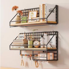 two metal shelves with books and office supplies on them, one shelf is holding various items