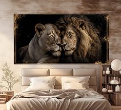 two lions face each other in front of a large painting on the wall above a bed