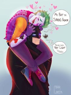 the joker and harley hug each other in this funny comic character photo by person with heart shaped speech bubbles