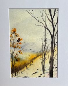 a watercolor painting of a snowy landscape with trees and birds in the distance,