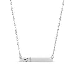 This elegant necklace features a bar crafted in 14K white gold. Three round diamonds sparkle beside an initial inscribed in a swirling script front. The pendant sways from an 18-inch rope chain that secures with a spring ring clasp. Elegant Engraved Bar Necklace, Classic Diamond Accented Bar Necklace For Anniversary, Classic Diamond Accents Bar Necklace For Anniversary, Classic Bar Necklace With Diamond Accents For Anniversary, Elegant Personalized Silver Bar Necklace, Formal White Gold Diamond Bar Necklace, Formal White Gold Bar Necklace With Diamonds, Classic Silver Bar Necklace For Anniversary, Sterling Silver Bar Necklace For Anniversary