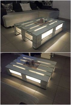 two pictures of a coffee table made out of pallet wood with lights on it