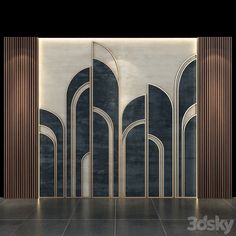 an art deco room with black and white walls, gold trimmings and columns