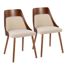 two chairs with wooden legs and upholstered backrests, one in beige fabric