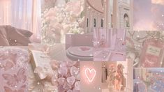 a collage of pink and white images with hearts, flowers, perfume bottles, and other items