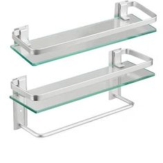 two glass shelves with metal brackets on each shelf