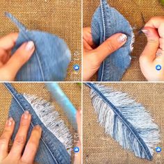 Tas Denim, Fabric Feather, Diy Sy, Fabric Feathers, Denim Crafts Diy, Rug Patterns, Folded Fabric, Blue Jeans Crafts, Denim Jewelry