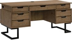 a wooden desk with four drawers and two metal legs