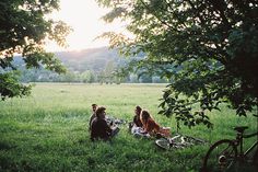 three people sitting in the grass with their bikes