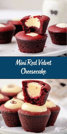 mini red velvet cheesecakes with white frosting on top and in the middle