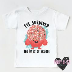 This shirt design features the words Eye Survived 100 Days of School with a red monster with 100 eyes. Great for your 100th day of school shirt.  All items purchased are made to order using a DTF transfers (direct to film) and an industrial heat press.  See shop announcement for current processing time. A "rush my order" listing is available in the add on/upgrade section, please message me beforehand if you will need to rush your order to make sure its possible. Rush order does not include shipp 100days Of School Shirt, 100 Days School, Eye Monster, Red Monster, Monster Shirt, 100 Days Of School Shirt, 100th Day Of School, Christmas Deals, School Parties