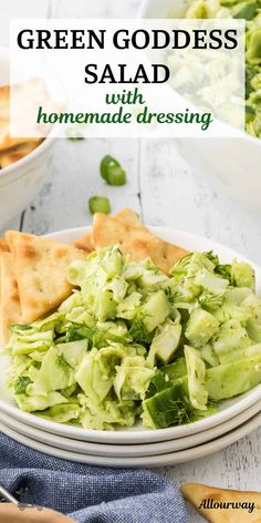 green goddess salad with homemade dressing on a white plate