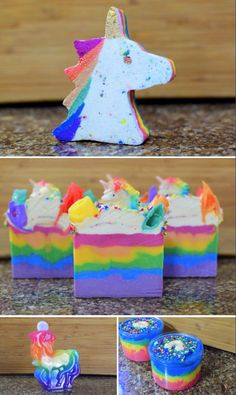 there are several pictures of different cakes with unicorns on top and rainbow frosting in the middle