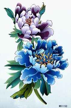 two blue and purple flowers on a white background