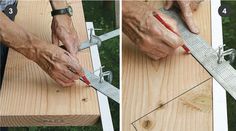 two pictures showing how to cut wood with a pair of scissors