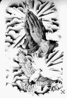 a drawing of hands and doves with clouds in the background