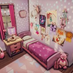 a room with a bed, dresser and pink wallpaper on the walls is decorated in pastel colors