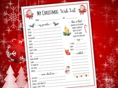 a printable christmas wish list on a red background