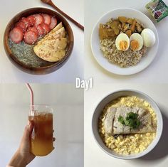 three pictures showing different types of food and drinks on the same plate, including eggs, rice, strawberries, and fruit