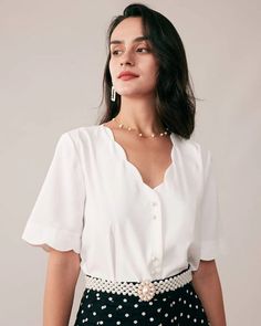 The Ruffle Neckline Pearl Button Shirt: Women's Ruffle Shirt, Ruffled Neckline Top, White Ruffle Shirt - White - Tops | RIHOAS White Ruffle Shirt, Tailored Clothes, Wardrobe Solutions, Ruffle Shirt, Clothing Inspiration, Women Shirts Blouse, Solid Tops, Button Shirt, Floral Blouse