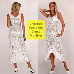 two pictures of a woman wearing a white dress with crochet patterns on it