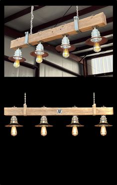 Custom chandelier loaded with railroad theme & western charm uses a utility pole crossarm beam Insulator Chandelier, Railroad Tie Light Fixture, Antique Electric Insulators, Beam Chandelier, Hanging Light Chandelier Edison Bulbs, Insulator Lights, Canning Kitchen, Wood Beam, Edison Bulbs