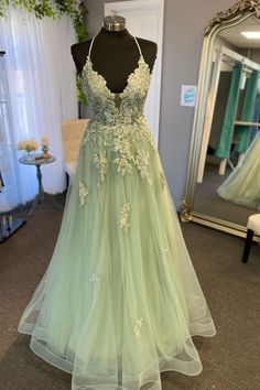 spaghetti straps sage green appliques tulle A-line long formal dress prom dress #prom2024 Tiana Inspired Dress Prom, Sage Green Grad Dress, Tiana Inspired Prom Dress, Green Grad Dress, Sage Green Prom, Light Green Prom Dress, Sage Green Prom Dress, Debs Dresses, Hoco Ideas