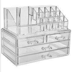 New Set Acrylic Makeup Organizer For Makeup! Makeup Organizer & Cosmetic Organizer Displays Elegantly On Your Bathroom Vanity. Perfect Size For Organizing Lip Liners, Eyeliners, Makeup, Lip Glosses And Jewelry And Other Accessories. The Sleek Design Of The Crystal-Clear Acrylic Makeup Storage & Cosmetic Storage Matches Any Decor. Purchase One For Every Bathroom! Comes In A Full-Color Box, Perfect For Gift Giving! Acrylic Makeup Storage, Rangement Makeup, Makeup Drawer Organization, Acrylic Organizer Makeup, Makeup Holder, Cosmetic Display, Organize Drawers, Display Cases, Makeup Brush Holders