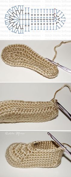 two pictures showing how to crochet the bottom part of a knitted sock