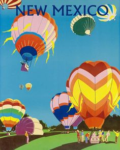 an advertisement for the new mexico hot air balloon festival, with many colorful balloons in the sky